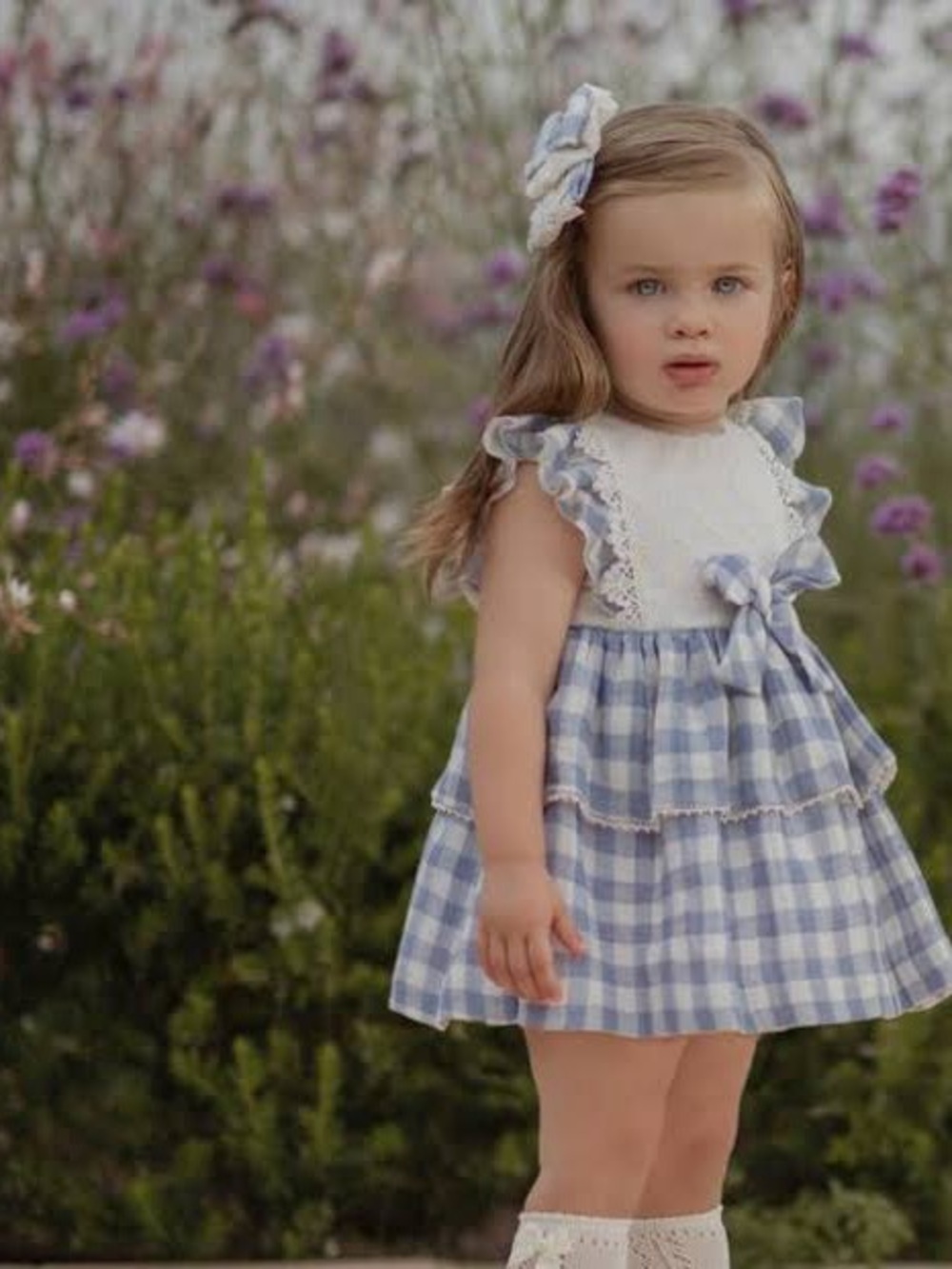 Girls' Light Blue Gingham Tiered Bow Skirted Dress